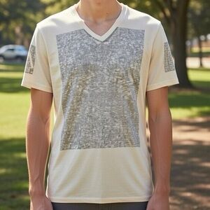 Armani Exchange White and Gray V-Neck Tee, Size L